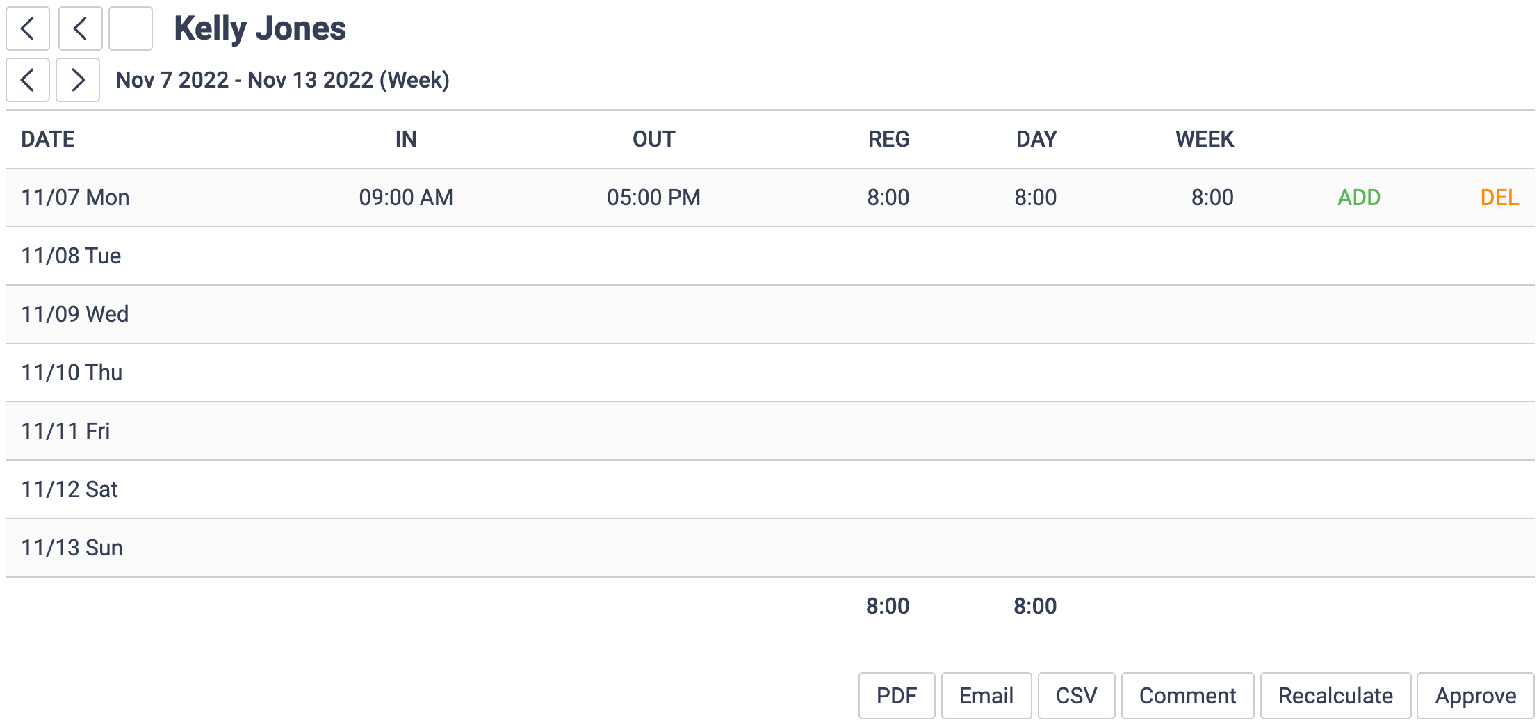 Timesheet with hours