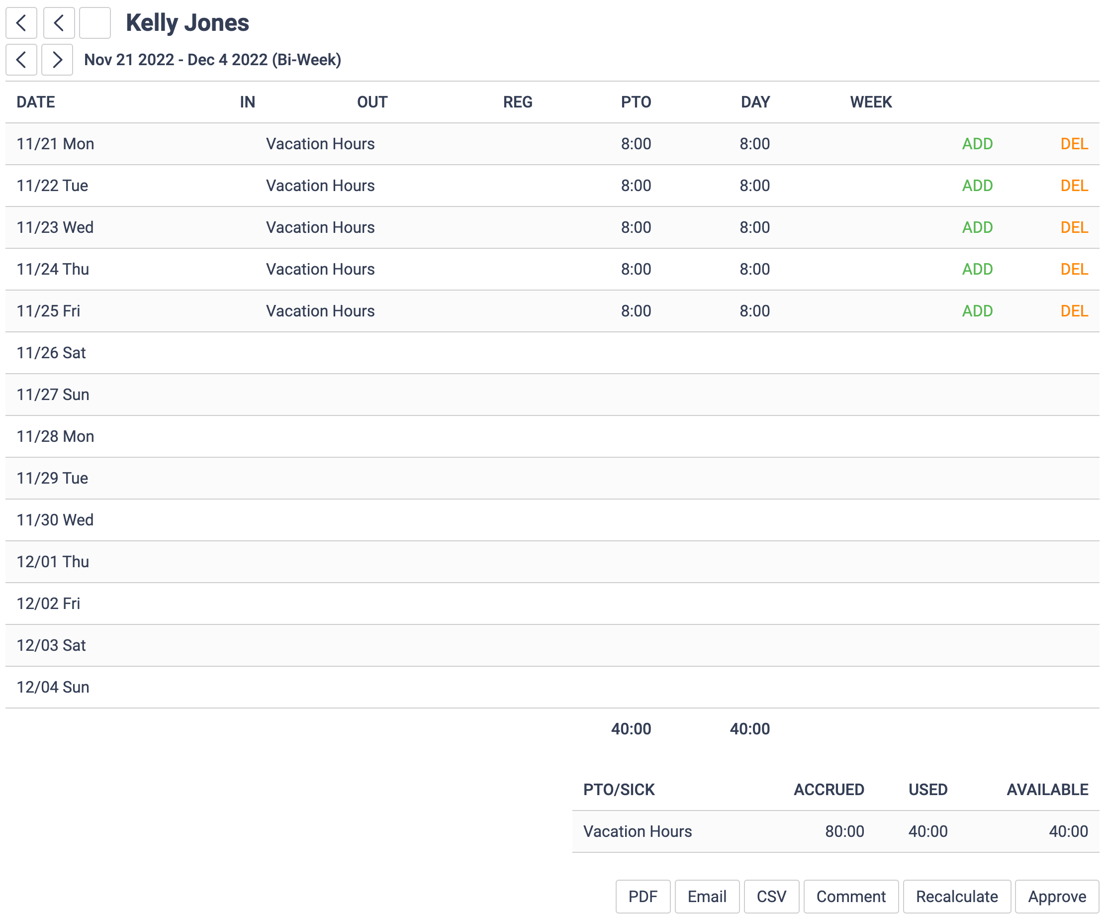 Timesheet with time off